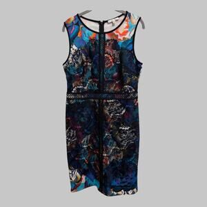 Spense Abstract Floral Black Lace Stretch Scuba Midi Dress Office Career Size 10